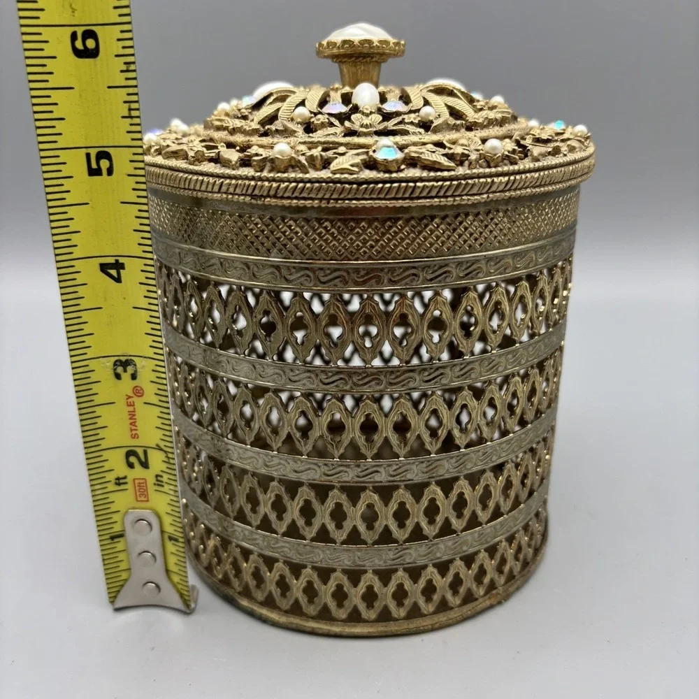 Vintage Gold Tone Filigree Jewelry Trinket Box Lid Inlay Stones